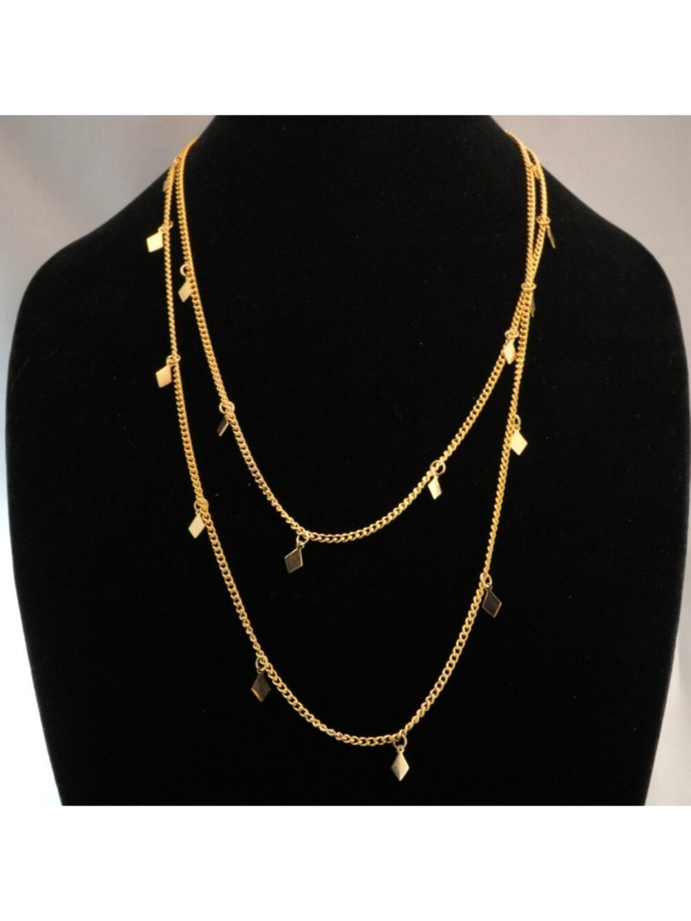 Gold-Tone Extra Long Vintage Necklace With Dangling Diamond-Shapes 53 Inches